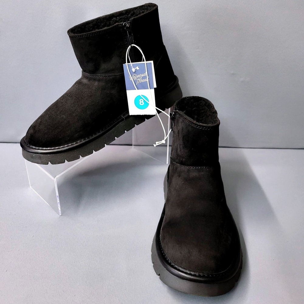 Universal Thread Ankle Boots Faux Fur Memory Foam Womens 8 Black NEW
